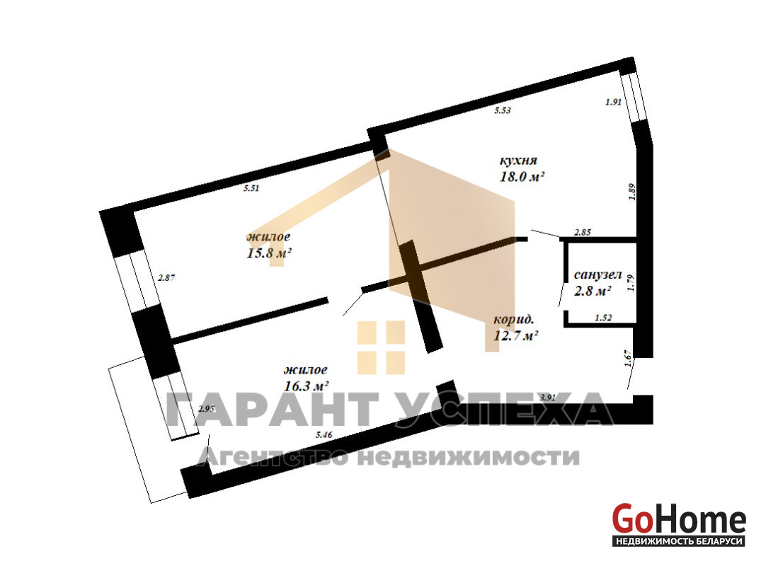  66,4м.кв., комнат 2, Брест